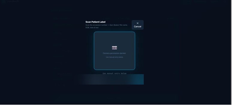 The scan dialog for capturing a patient label barcode